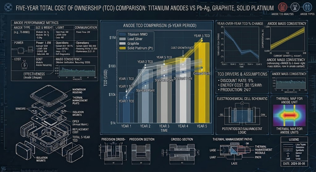 ive year total cost of ownership comparison bar chart for titanium anodes versus lead silver graphite and solid platinum