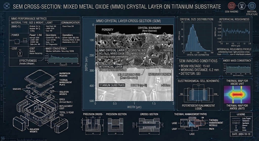 Scanning electron microscope SEM cross section showing mixed metal oxide crystal layer on titanium substrate