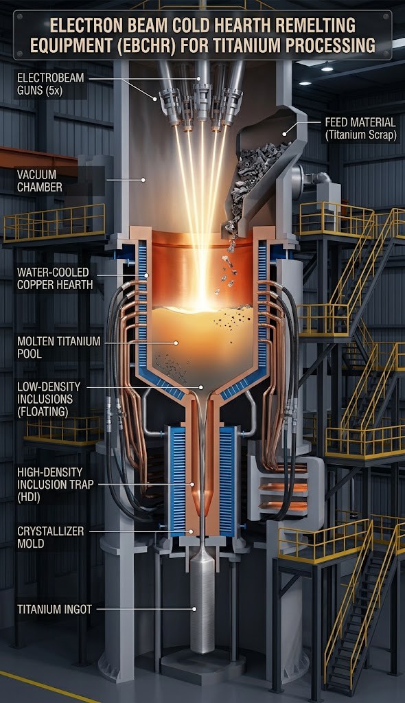 Electron beam cold hearth remelting equipment for titanium processing