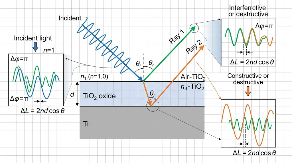 Technical schematic showing thin-film light interference on titanium dioxide oxide layer with incident light splitting into two phase-shifted reflected rays