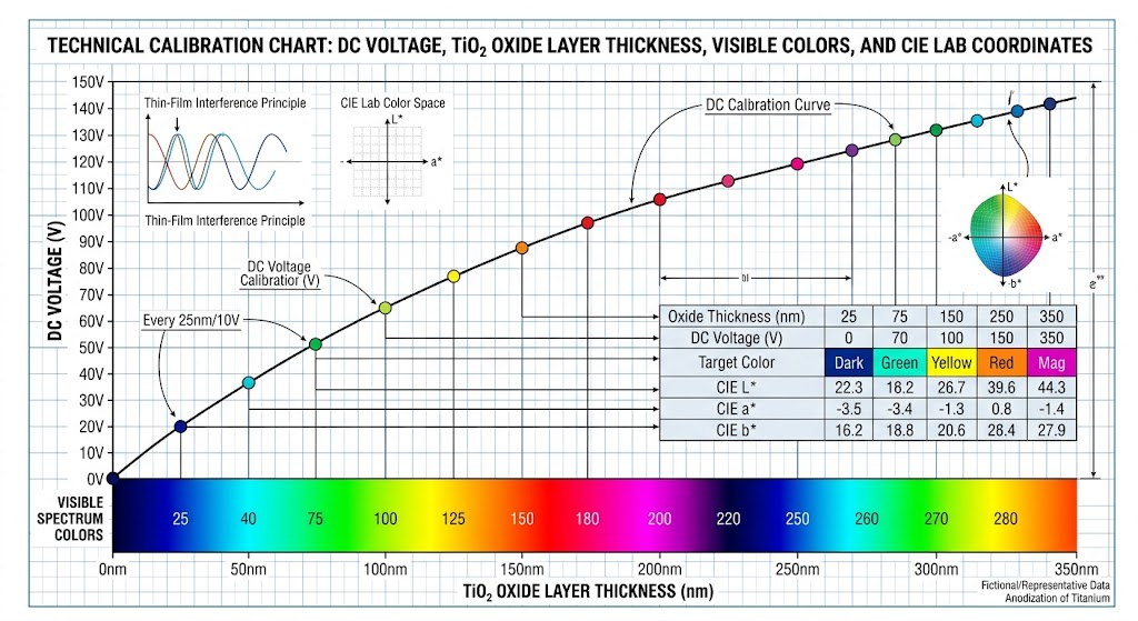 Technical calibration chart showing DC voltage curve versus oxide layer thickness in nanometers with corresponding visible spectrum colors and CIE Lab coordinates
