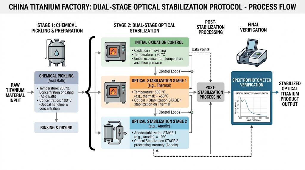 Industrial process flow diagram showing the steps of the China Titanium Factory Dual-Stage Optical Stabilization Protocol from chemical pickling to spectrophotometer verification