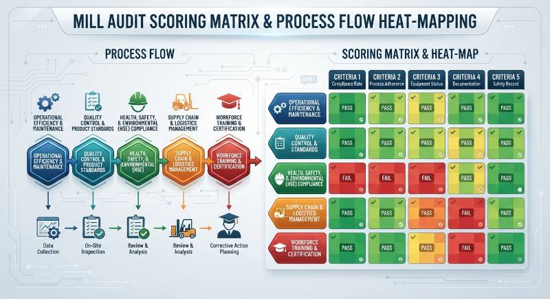 Mill Audit Scoring Matrix and Process Flow Heat-Mapping Infographic displaying the 5 audit pillars with engineering pass fail criteria Mill Audit Scoring Matrix and Process Flow Heat-Mapping Infographic displaying the 5 audit pillars with engineering pass fail criteria