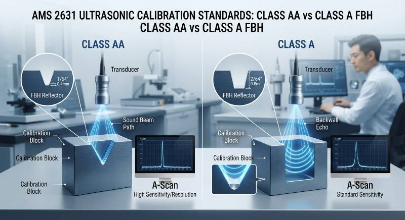 MS 2631 Class AA vs Class A Flat Bottom Hole (FBH) Ultrasonic Calibration Diagram showing acoustic wave reflections and defect sizing MS 2631 Class AA vs Class A Flat Bottom Hole (FBH) Ultrasonic Calibration Diagram showing acoustic wave reflections and defect sizing