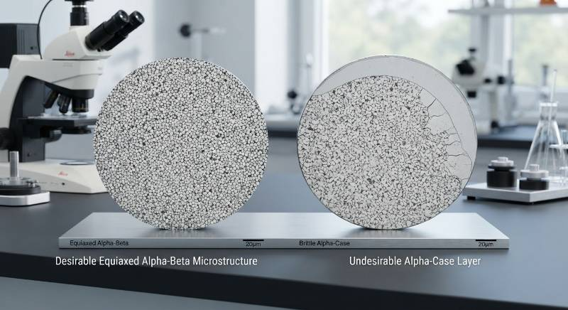 Microstructure Comparison: Desirable Equiaxed Alpha-Beta Phase vs Brittle Surface Alpha-Case Layer in titanium bar stock Microstructure Comparison: Desirable Equiaxed Alpha-Beta Phase vs Brittle Surface Alpha-Case Layer in titanium bar stock