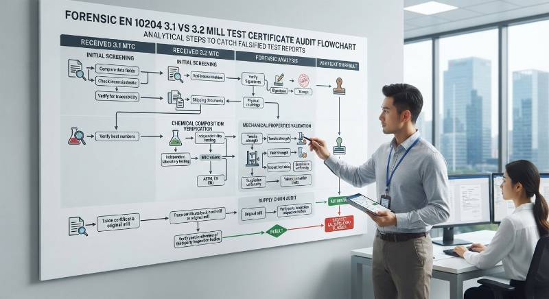 Forensic EN 10204 3.1 vs 3.2 Mill Test Certificate Audit Flowchart showing analytical steps to catch falsified test reports Forensic EN 10204 3.1 vs 3.2 Mill Test Certificate Audit Flowchart showing analytical steps to catch falsified test reports