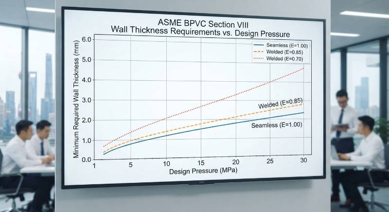 Technical line chart showing ASME BPVC Section VIII wall thickness requirements versus design pressure from 1 to 30 MPa for seamless (E=1.00) versus welded (E=0.85 and E=0.70) Grade 2 titanium tube.