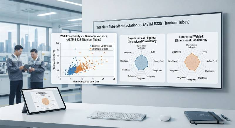 Scatter plot and cross-sectional radar charts comparing wall eccentricity and dimensional variance of seamless cold-pilgered vs automated welded titanium tubes per ASTM B338.