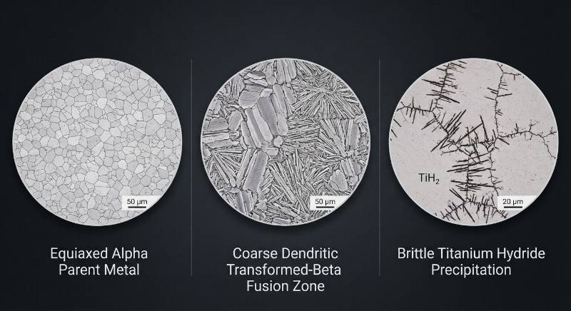h-resolution metallographic microstructure comparison showing equiaxed alpha parent metal, coarse dendritic transformed-beta fusion zone, and brittle titanium hydride needle precipitation at grain boundaries.