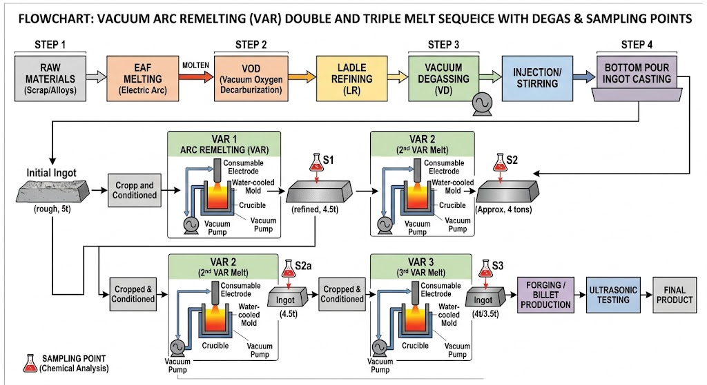 Flowchart illustrating the Vacuum Arc Remelting (VAR) double and triple melt sequence with vacuum degassing and ingot chemical sampling points Flowchart illustrating the Vacuum Arc Remelting (VAR) double and triple melt sequence with vacuum degassing and ingot chemical sampling points