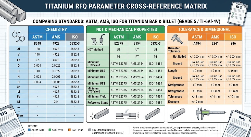Titanium RFQ Parameter Cross-Reference Matrix comparing ASTM, AMS, and ISO standards across chemistry, NDT, and tolerance parameters Titanium RFQ Parameter Cross-Reference Matrix comparing ASTM, AMS, and ISO standards across chemistry, NDT, and tolerance parameters