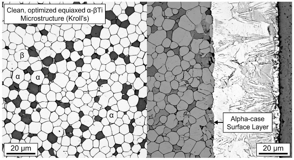 Microscopic metallographic image comparing clean equiaxed alpha-beta titanium microstructure against brittle oxygen-enriched alpha-case surface layer Microscopic metallographic image comparing clean equiaxed alpha-beta titanium microstructure against brittle oxygen-enriched alpha-case surface layer