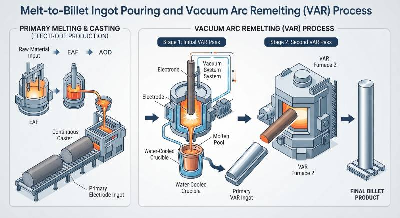 Melt-to-Billet Ingot Pouring and Vacuum Arc Remelting Process Diagram showing primary electrode consolidation and secondary VAR passes