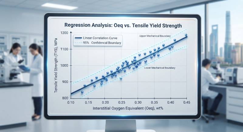 Interstitial Oxygen Equivalent (Oeq) vs. Tensile Yield Strength Regression Chart showing linear correlation curve and mechanical boundaries