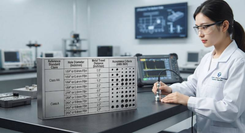 AMS 2631 Ultrasonic Flat-Bottom Hole (FBH) Calibration Matrix Table detailing Class AA and Class A reference standards