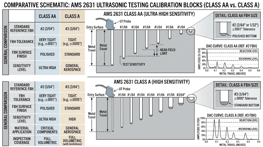 Schematic diagram comparing ultrasonic testing calibration blocks with flat bottom holes under AMS 2631 Class AA and Class A standards