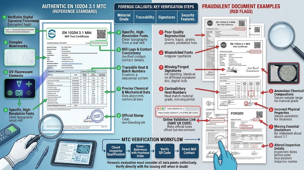 Detailed comparison matrix of an authentic EN 10204 3.1 Mill Test Certificate versus red-flagged fraudulent documents with forensic callouts