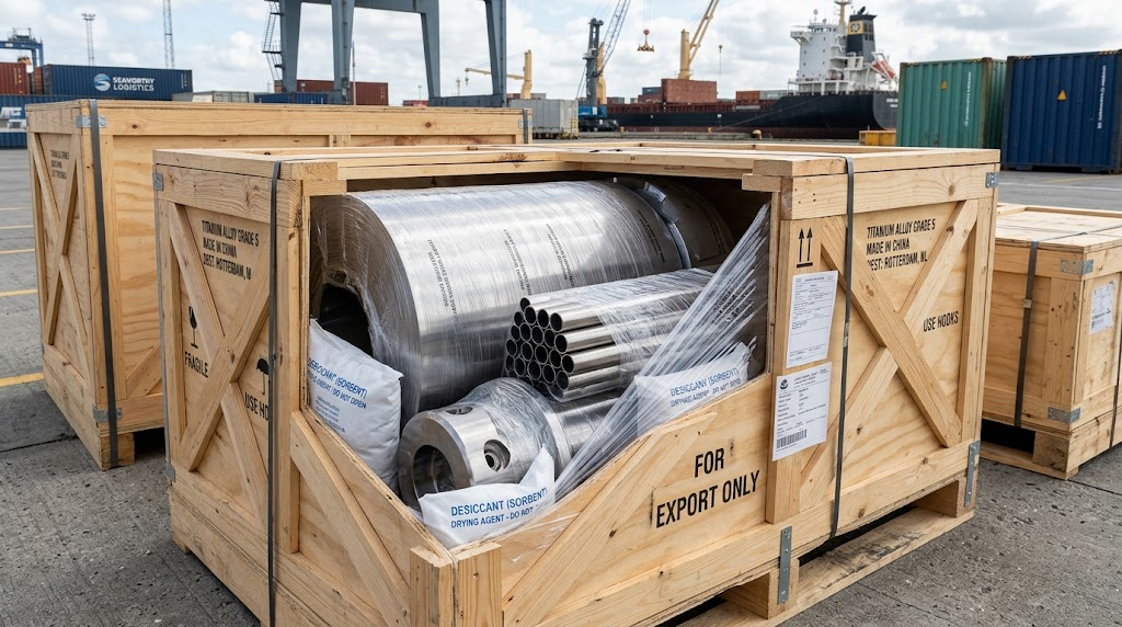 Seaworthy export packaging for titanium products, showing wooden crates, shrink wrap, and desiccant. Seaworthy export packaging for titanium products, showing wooden crates, shrink wrap, and desiccant.