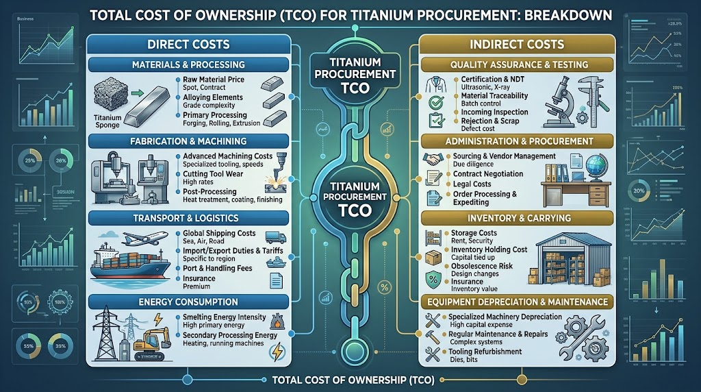 Infographic showing a detailed breakdown of Total Cost of Ownership (TCO) for titanium procurement, including direct and indirect costs. Infographic showing a detailed breakdown of Total Cost of Ownership (TCO) for titanium procurement, including direct and indirect costs.